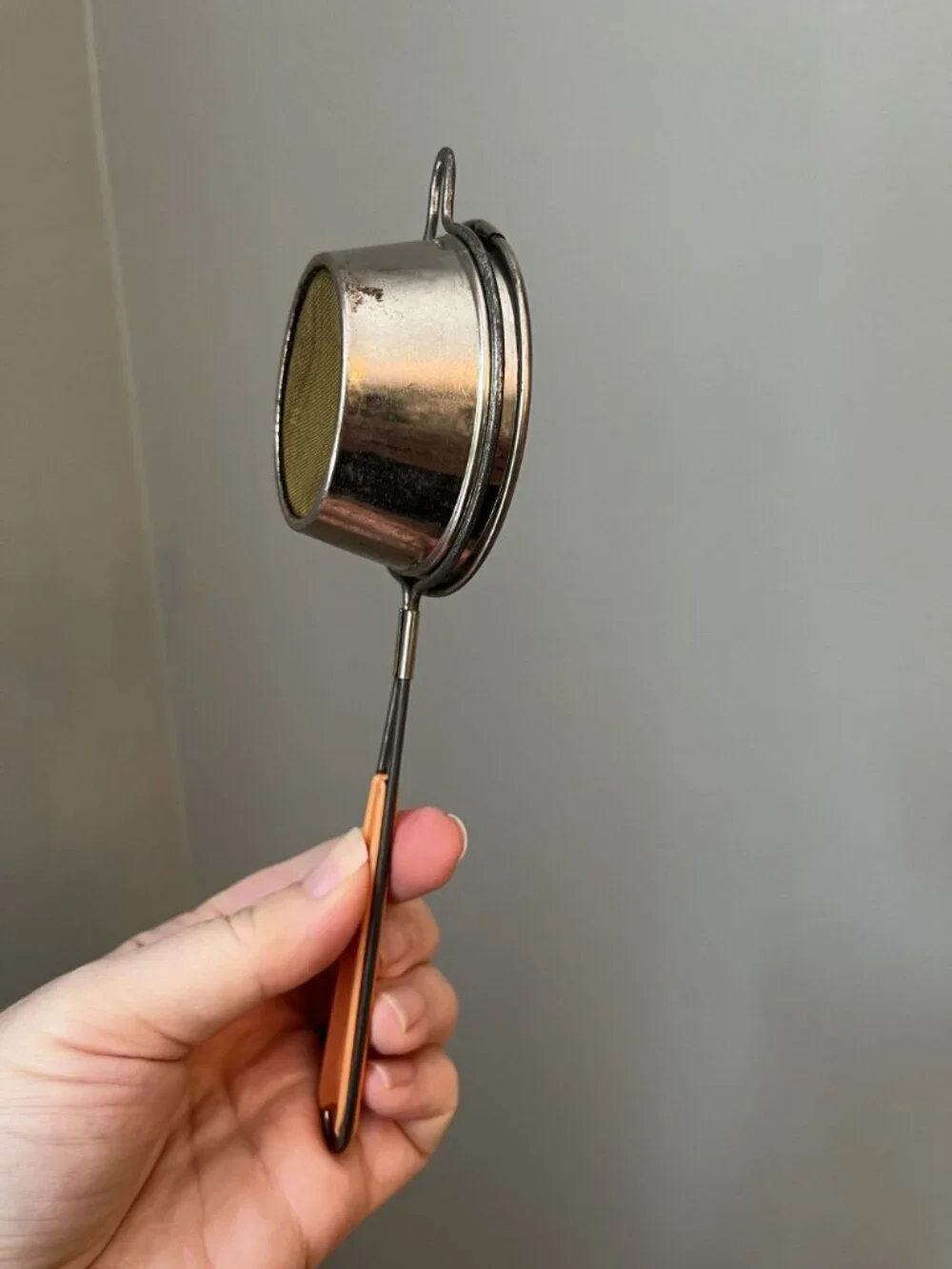 Progressus Italy Metal Tea Strainer With Orange Bakelite Handle Vintage Sieve Fo